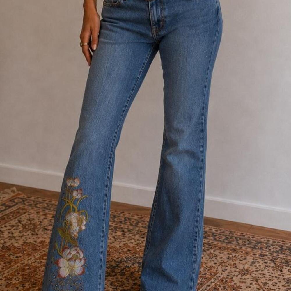 Y2K a.n.a Embroidered Floral Wide Leg Jeans Mid Rise Boho Denim Lotus 2000s
